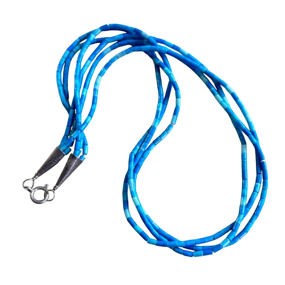 VTG Native American Lapis Necklace Multi Strand Beaded Sterling Silver 925 16"